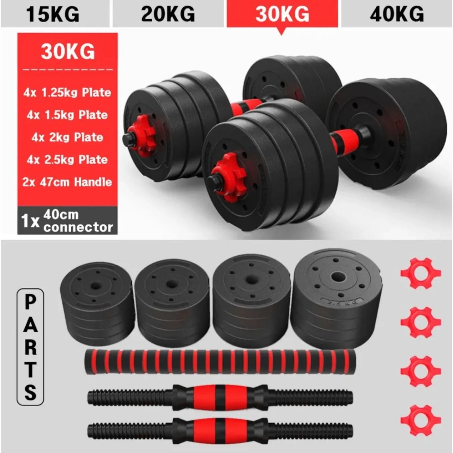 Juego De Mancuernas Ajustables 2 en 1,con barras,Multifución 10KG-15KG-20KG-30KG. Juego de Pesas con Barra Libremente Combinable con Barras Conexión, 10/15KG/20KG/30KG... ajustables, mancuernas cortas y largas (man-001 22.9