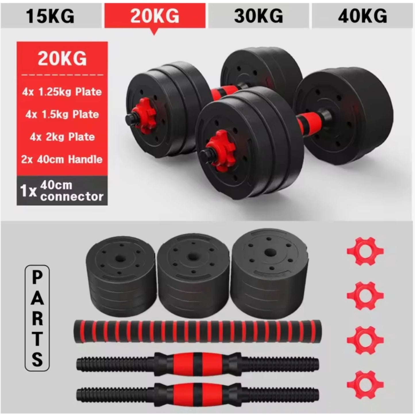 Juego De Mancuernas Ajustables 2 en 1,con barras,Multifución 10KG-15KG-20KG-30KG. Juego de Pesas con Barra Libremente Combinable con Barras Conexión, 10/15KG/20KG/30KG... ajustables, mancuernas cortas y largas (man-001 22.9